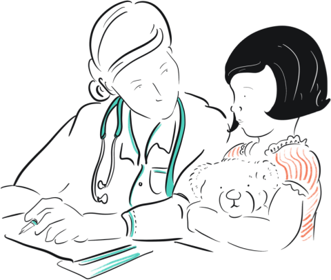 Illustration of female doctor speaking with a young girl holding a teddy bear