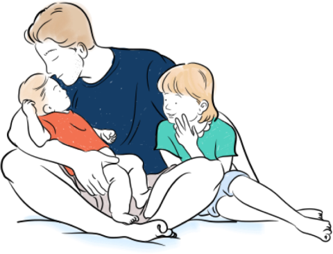 Illustration of father seated while holding 2 young children