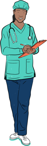 female nurse in scrubs holding a clipboard