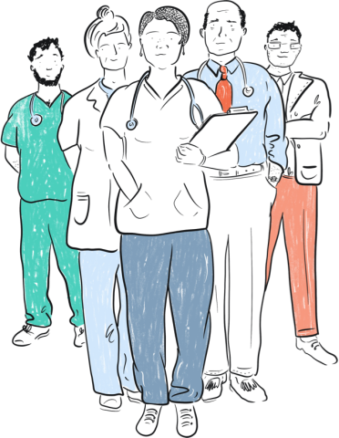 Illustrated healthcare team including a doctor, nurse, and other medical specialists 