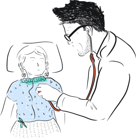 Illustration of doctor checking heartbeat of a little girl with a stethoscope 