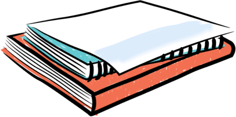 Illustrated stack of books with blank paper on top